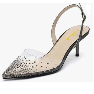 FSJ Black Clear Pumps Rhinestones Low Heel Sandals Slingback Wedding Shoes